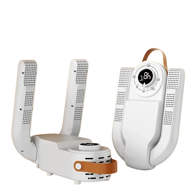 White electric shoe dryer with digital temperature display and brown leather straps for household shoe warming and deodorizing