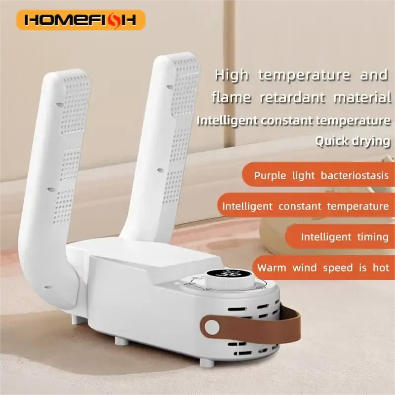 White Homefish brand electric shoe dryer with two perforated drying arms and brown leather strap for household shoe warming