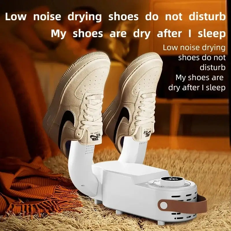 White low-noise shoe dryer with brown handle and ventilation slots for quiet household shoe warming and deodorizing
