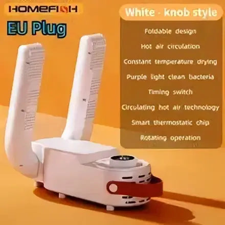 White plastic eu plug shoe dryer with two foldable antennas and red button for household shoe warmer use