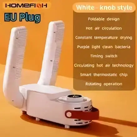 White plastic eu plug of a shoe dryer with two white antennas and a red button for household shoe warming