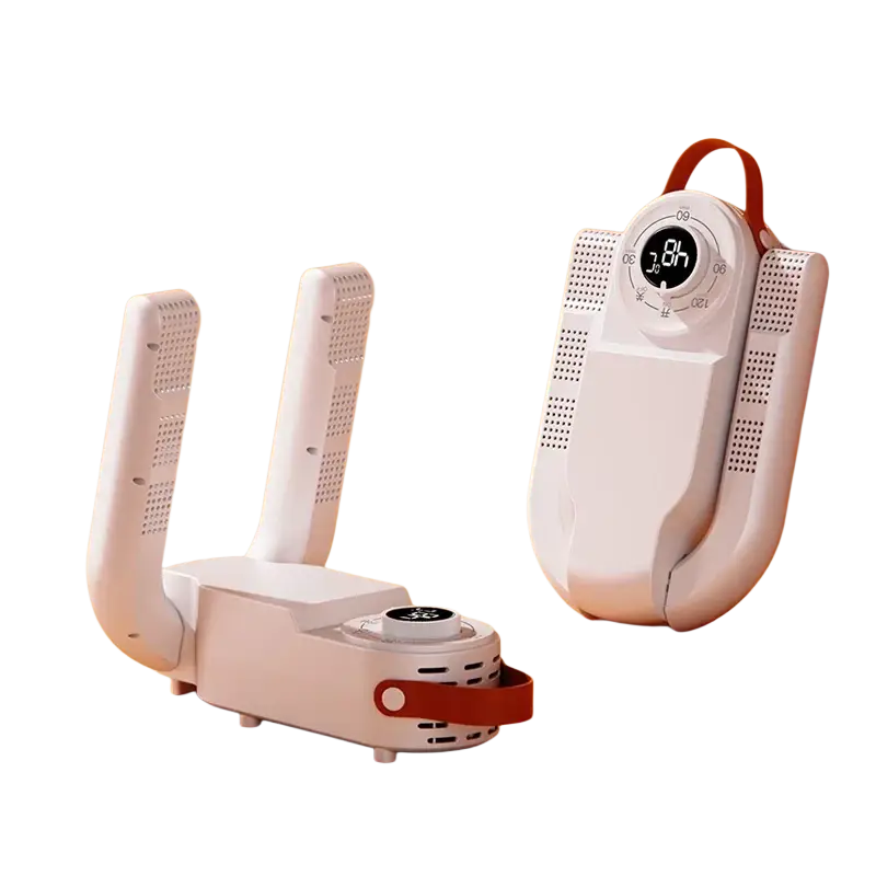 White quick heat shoe dryer with digital display and red strap for household shoe warmer and deodorizing use