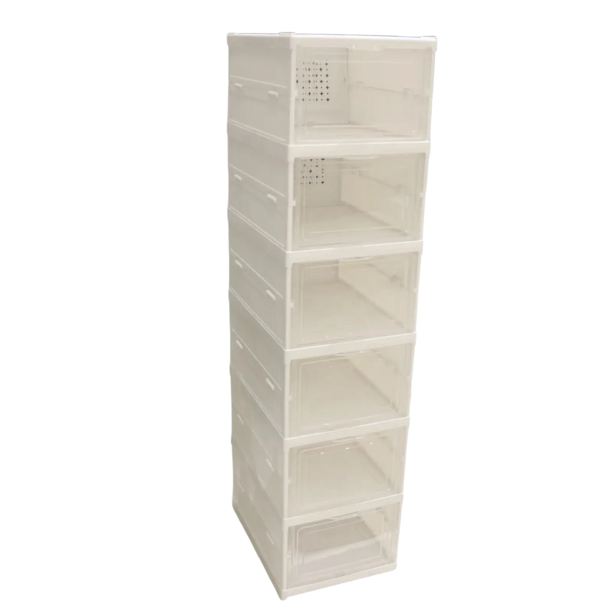 Stacked white translucent plastic shoe organizer storage boxes with perforated top panels for efficient working time storage