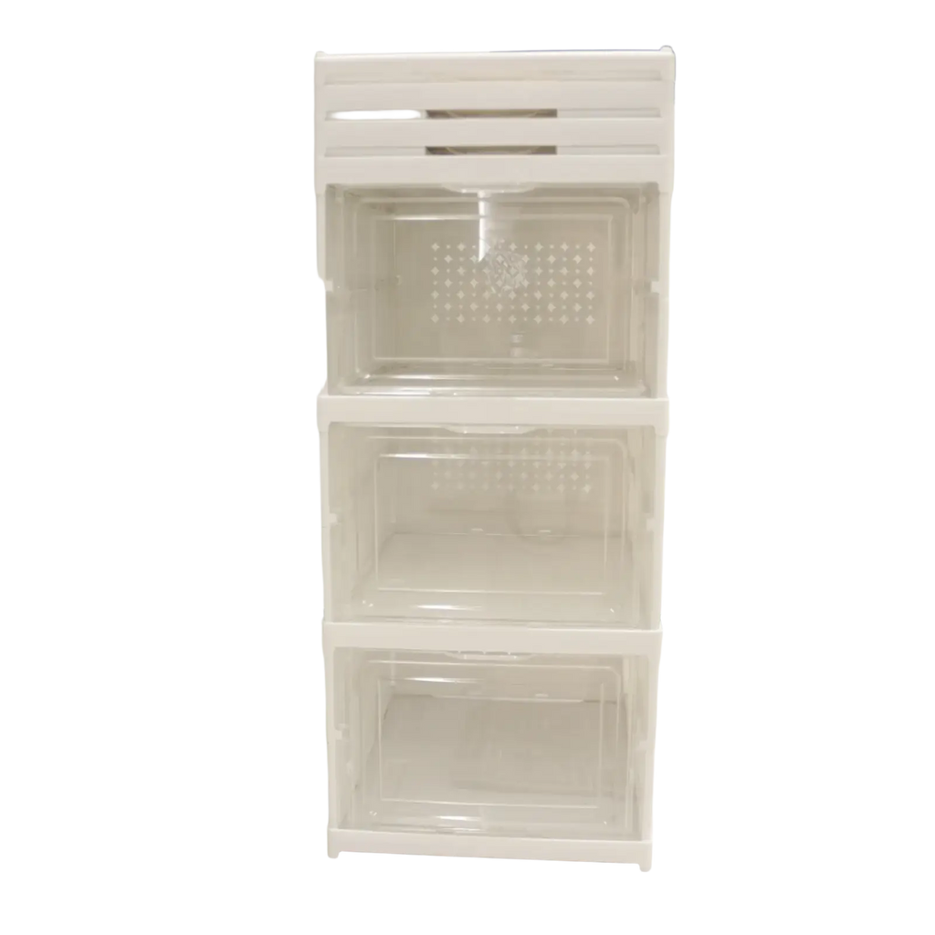 White plastic stackable storage boxes with clear perforated compartments for shoe organizer use during working time