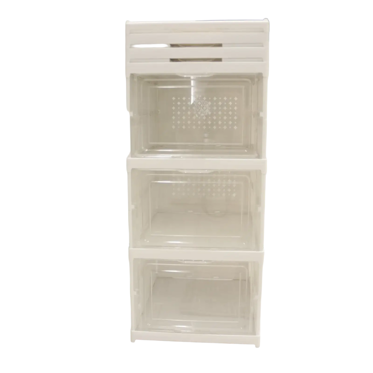 White plastic stackable storage boxes with clear perforated compartments for shoe organizer use during working time