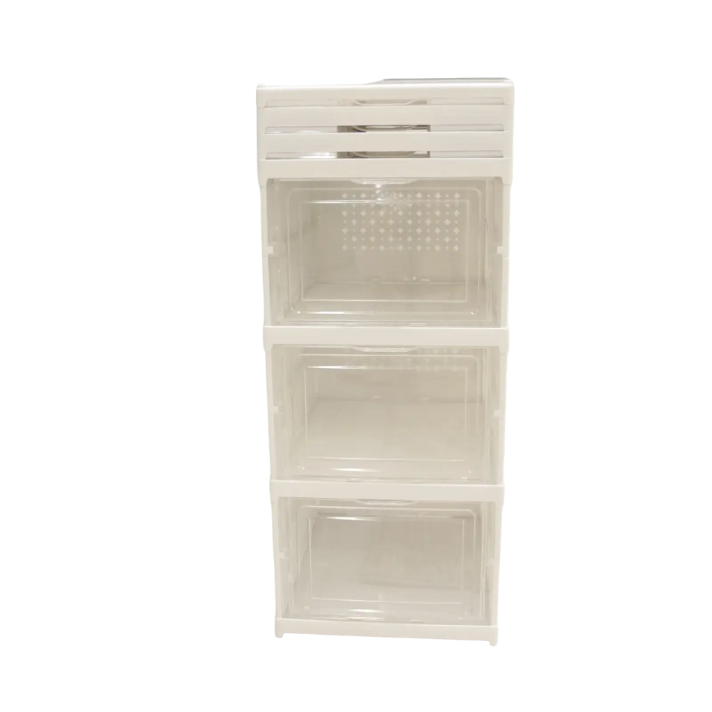 White plastic stackable storage boxes with clear front panels and silver handles used as a shoe organizer