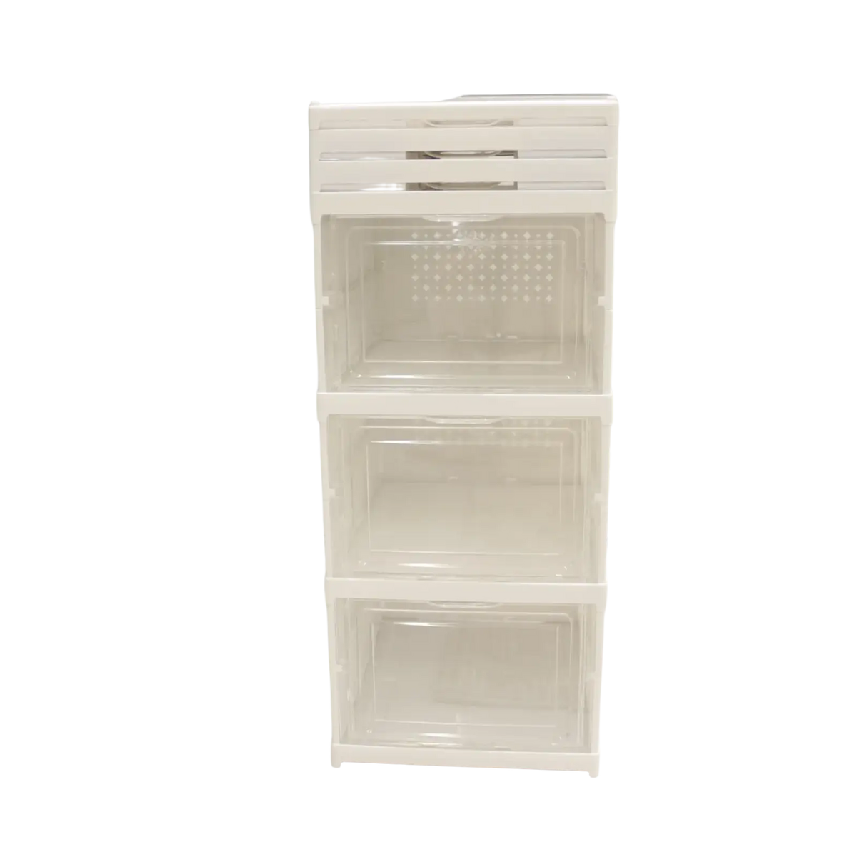 White plastic stackable storage boxes with clear front panels and silver handles used as a shoe organizer