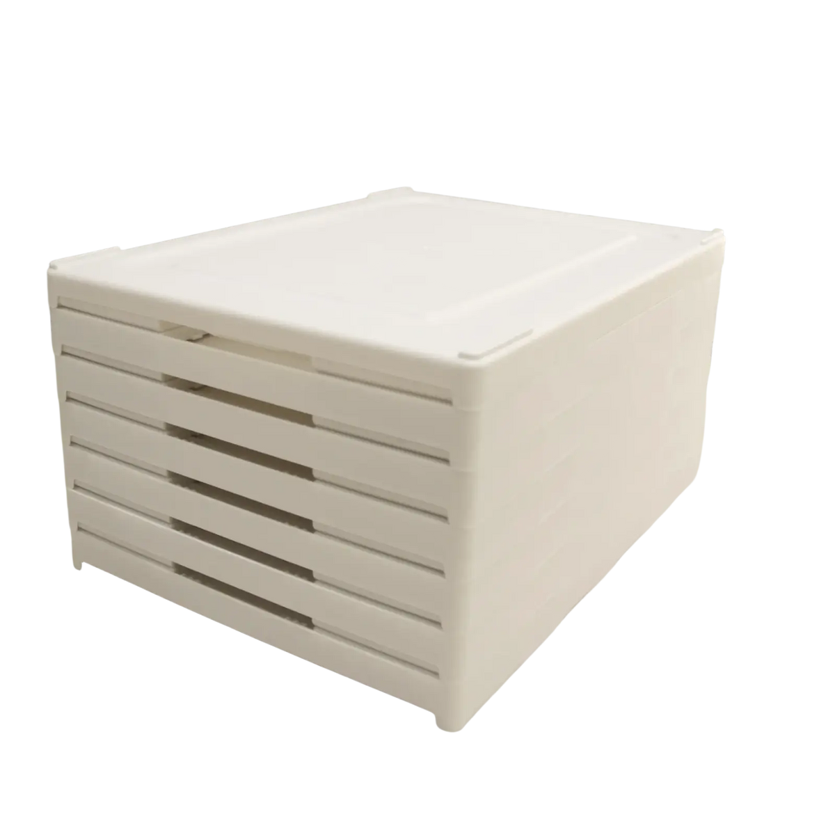 White plastic shoe organizer storage boxes with multiple horizontal slats and matching lid for clear stackable storage