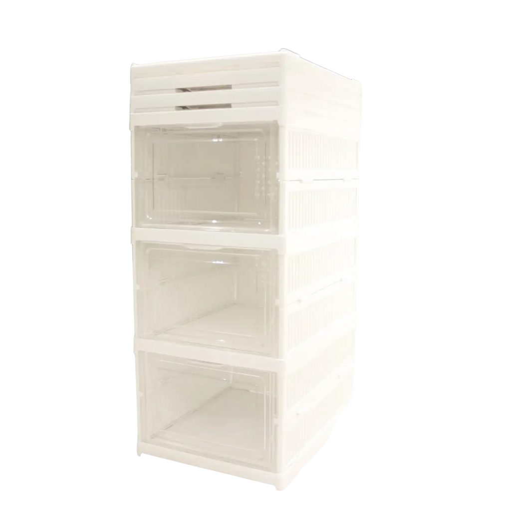 White translucent plastic stackable storage boxes with clear front panels for shoe organizer use during working time