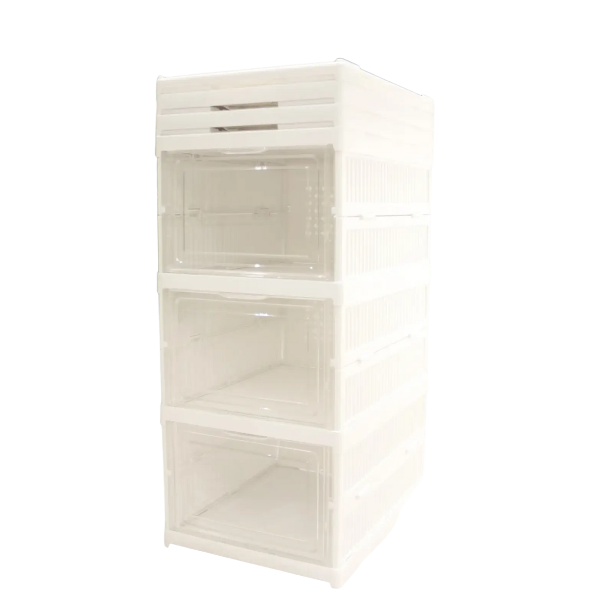 White translucent plastic stackable storage boxes with clear front panels for shoe organizer use during working time