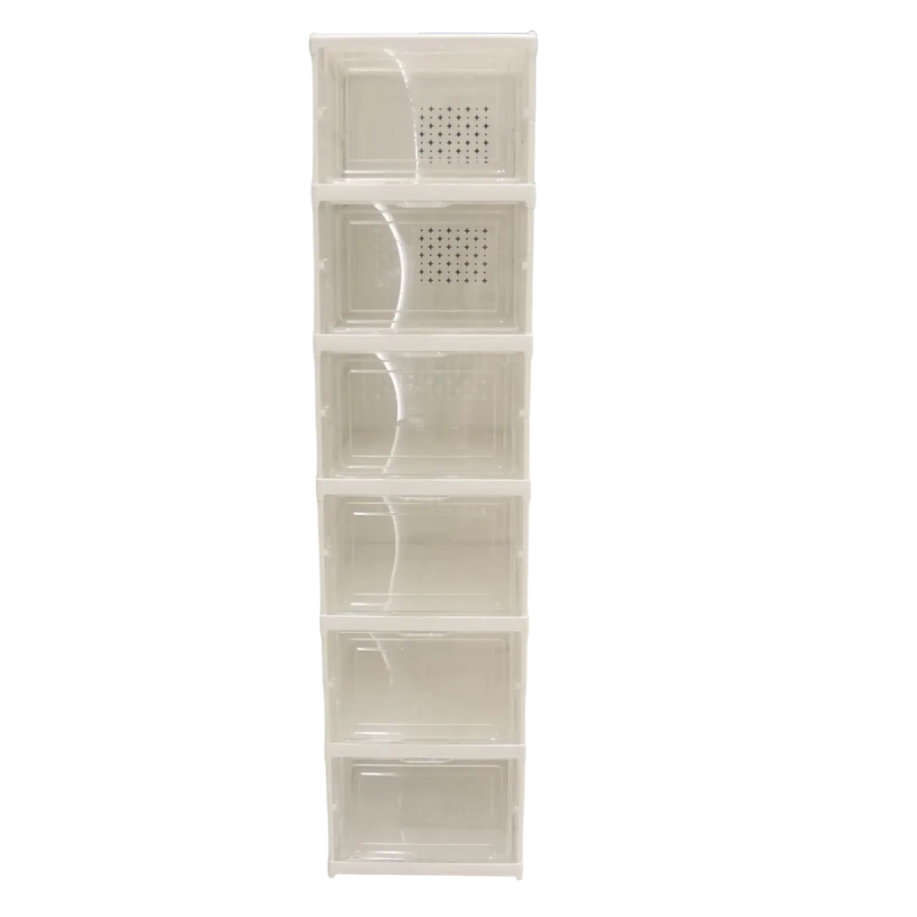 White translucent plastic shoe organizer storage boxes with five perforated drawers stackable for efficient working time storage