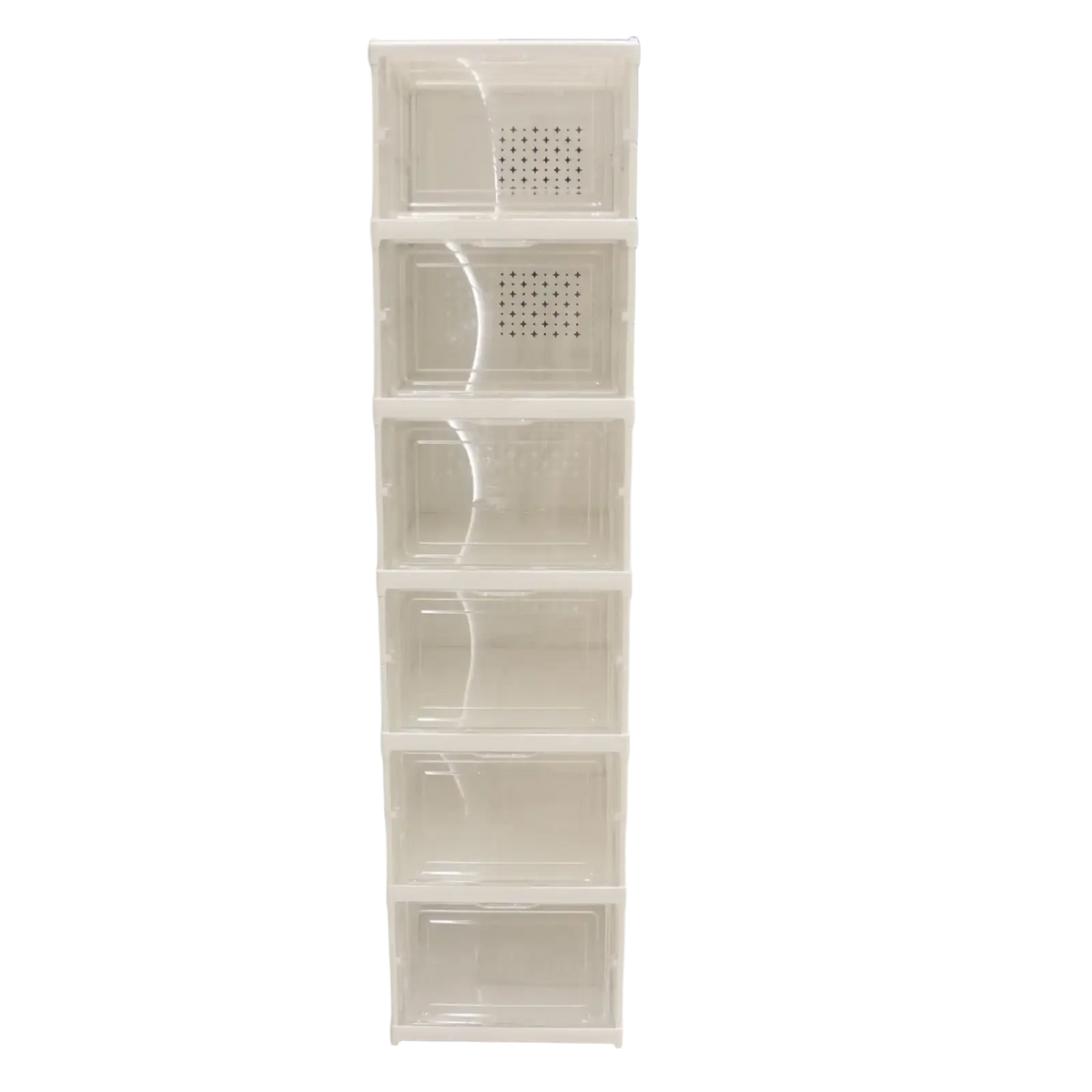 White translucent plastic shoe organizer storage boxes with five perforated drawers stackable for efficient working time storage