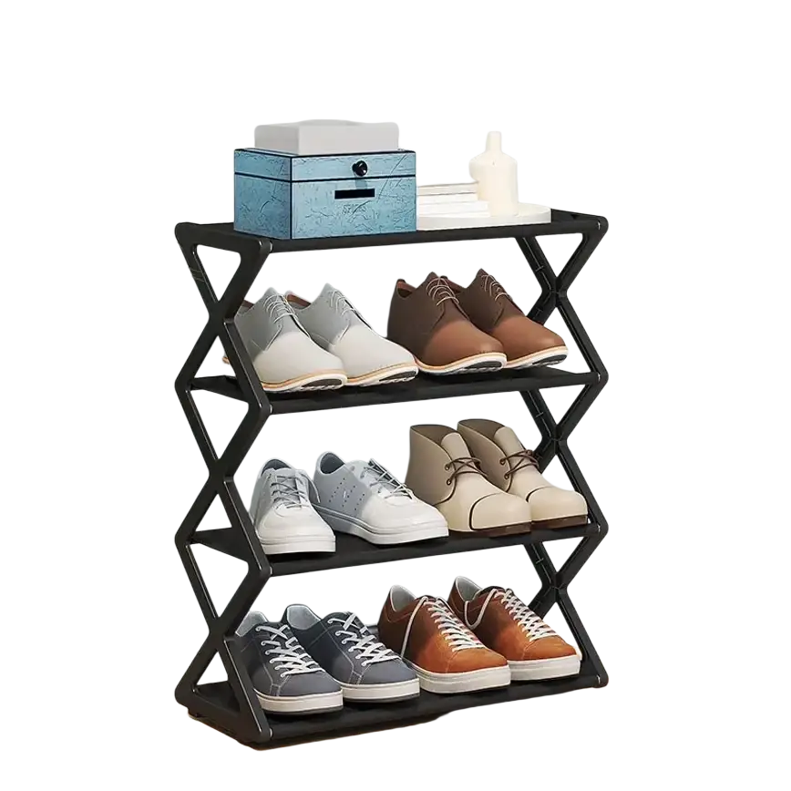 Black foldable shoe rack with geometric x-shaped frame design 4 tier space saving tier shoe organizer
