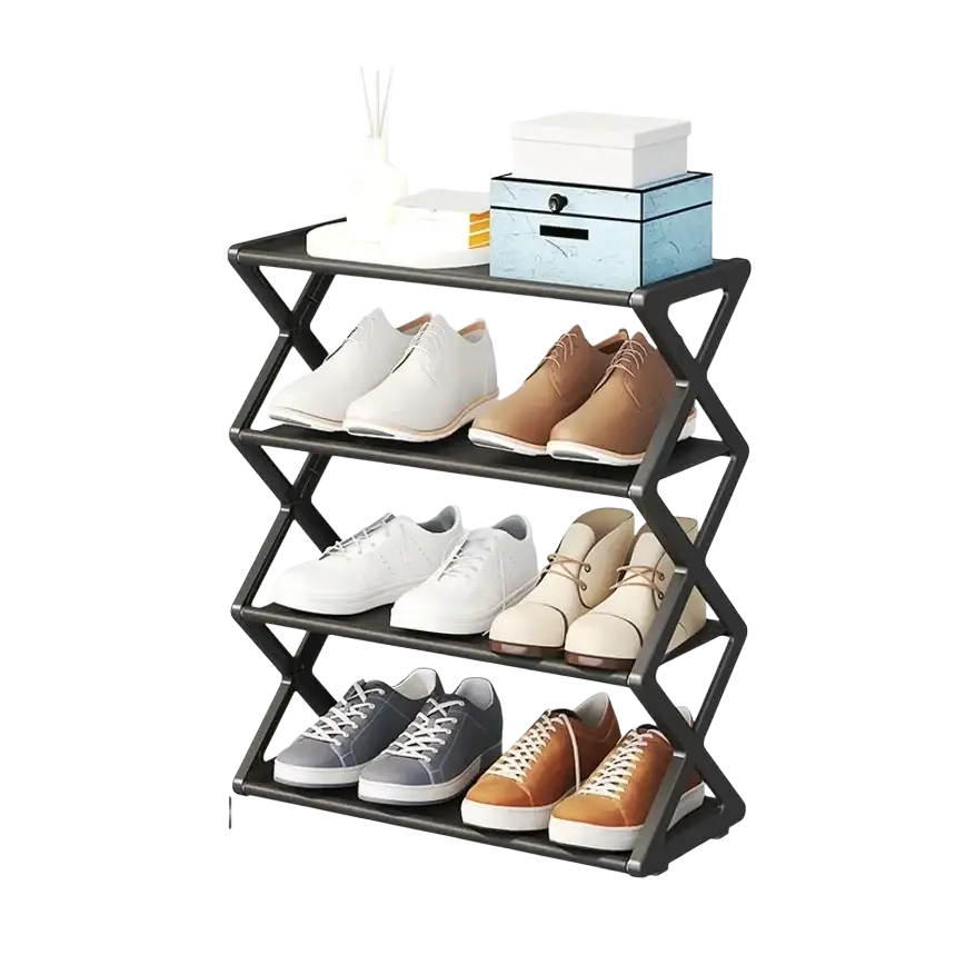 Black metal folding shoe rack with four tiers holding pairs of shoes space saving tier shoe organizer