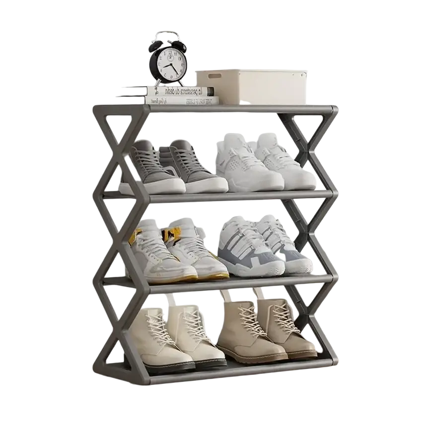 Gray metal shoe rack with collapsible x-shaped frame design 4 tier space saving tier shoe organizer