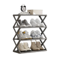 Gray metal shoe rack with collapsible x-shaped frame design space saving 4 tier shoe organizer