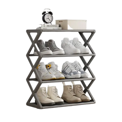 Gray metal shoe rack with collapsible x-shaped frame design space saving 4 tier shoe organizer