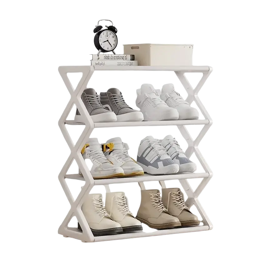 White foldable shoe rack with geometric x-shaped frame design is a space saving 4 tier shoe organizer