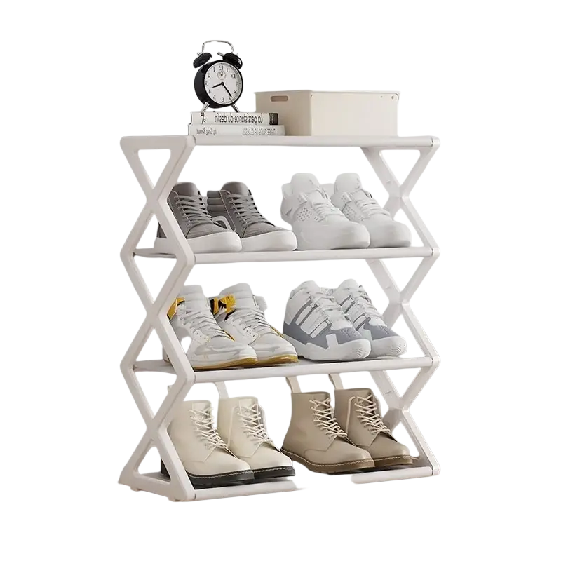White four-tier shoe rack with x-shaped frame design space saving tier shoe organizer for efficient storage