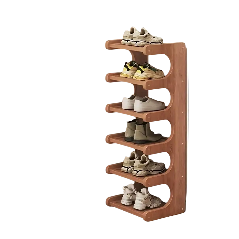 Brown wooden shoe rack with six rounded shelves neatly storing pairs of sneakers for organized shoe storage