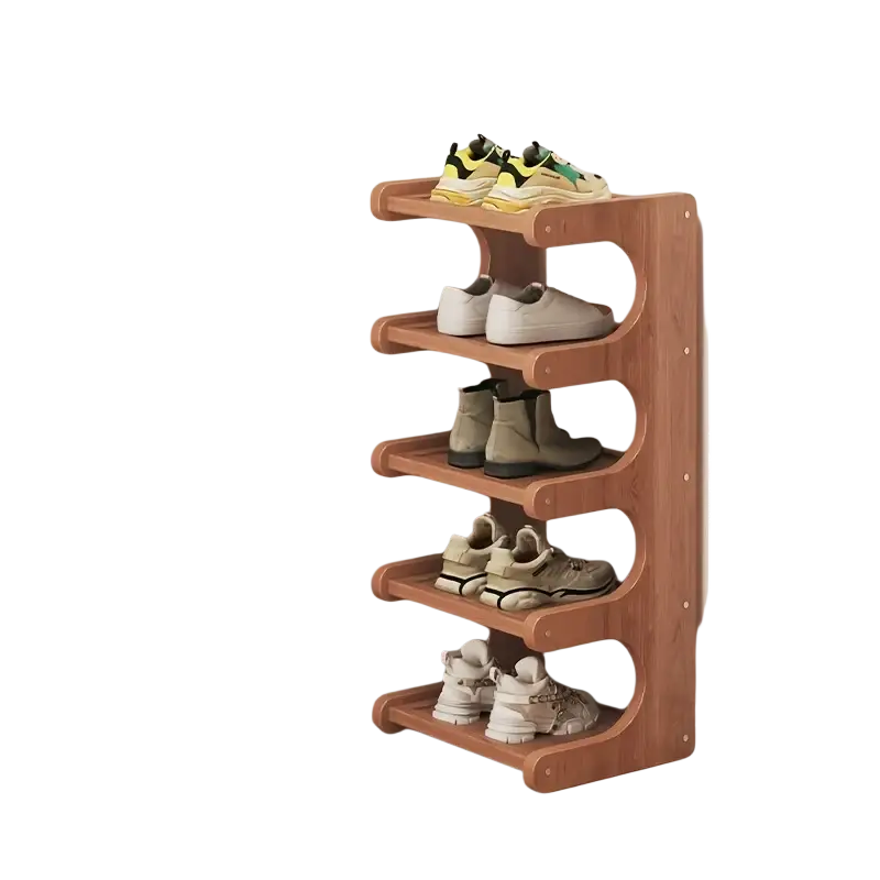 Wooden five-tier floor-standing shoe rack with rounded edges and a sturdy light brown finish for organized storage