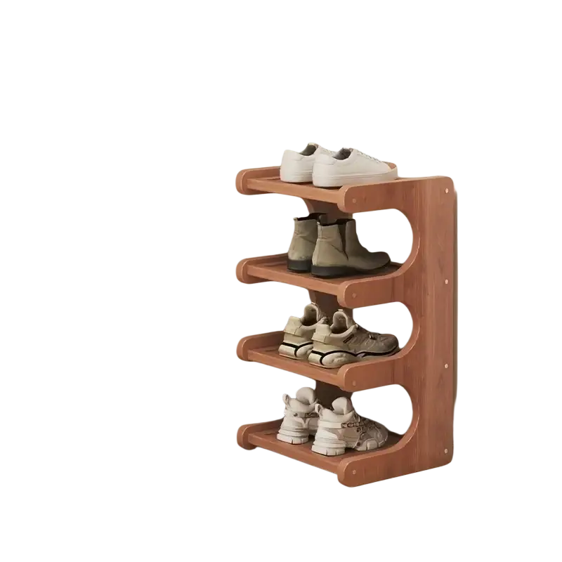 Wooden four-tier brown shoe rack with rounded edges and natural finish for floor-standing storage organization