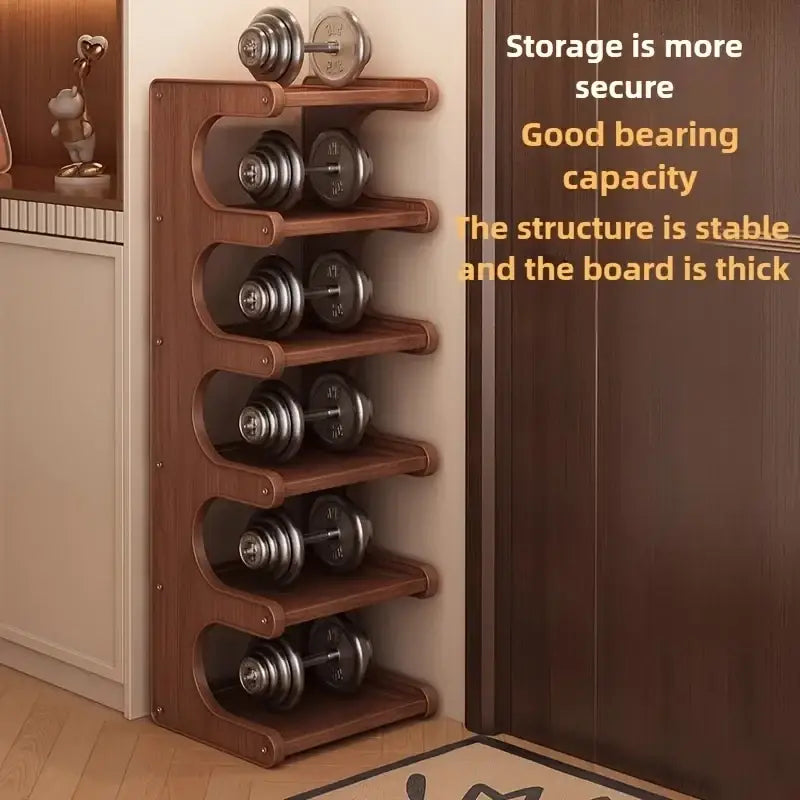 A sturdy dark brown wooden shoe rack with five curved shelves designed for organized shoe storage