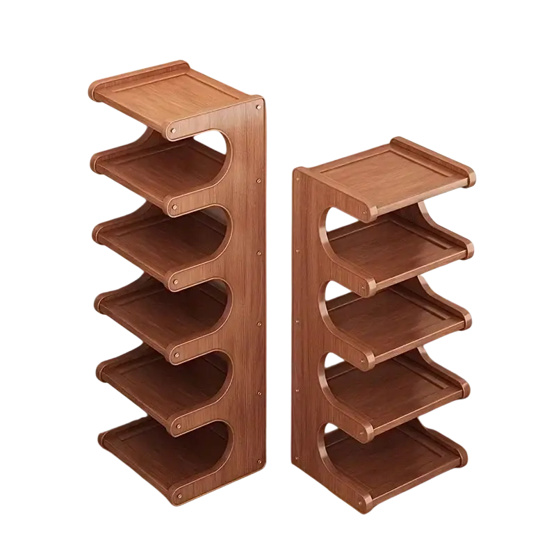 Two warm brown wooden shoe racks with curved tiered shelves for organized shoe storage and display
