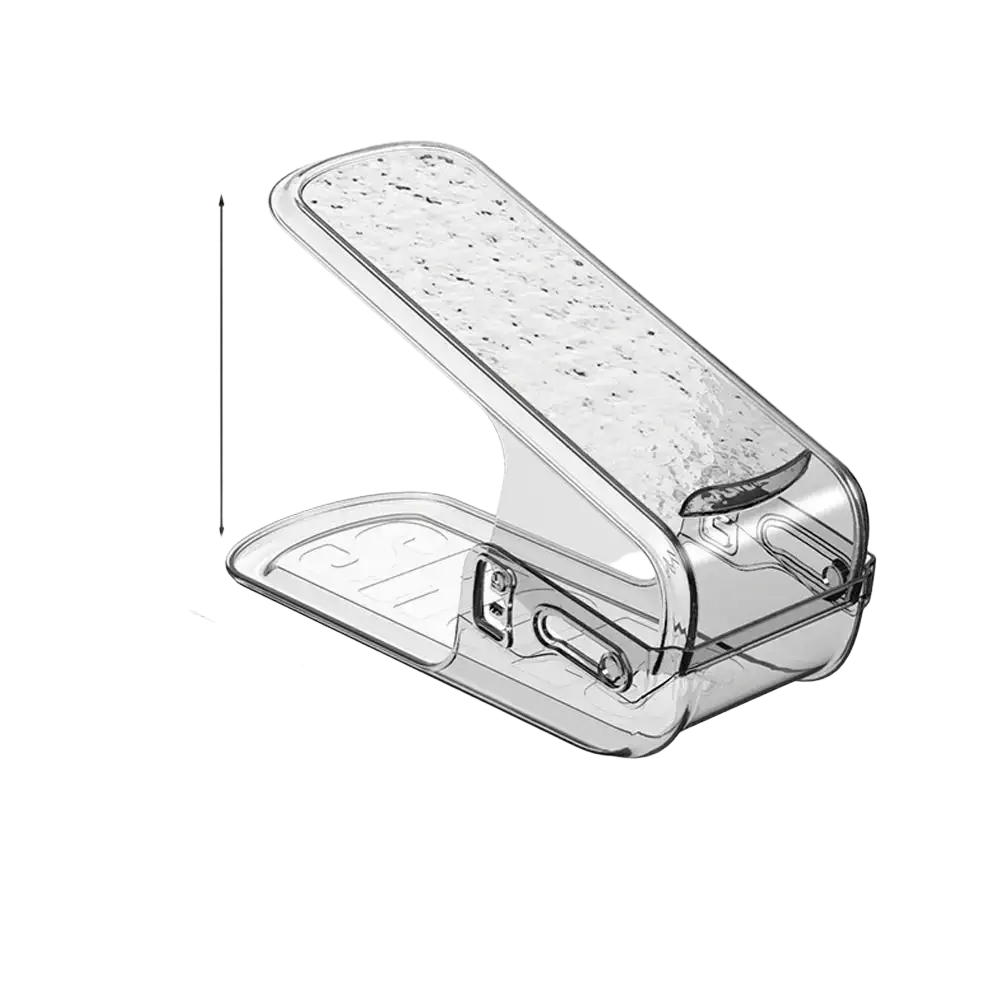 Clear plastic shoe slots organizer with textured speckled top and hinged design for easy access shoe rack double layer rack