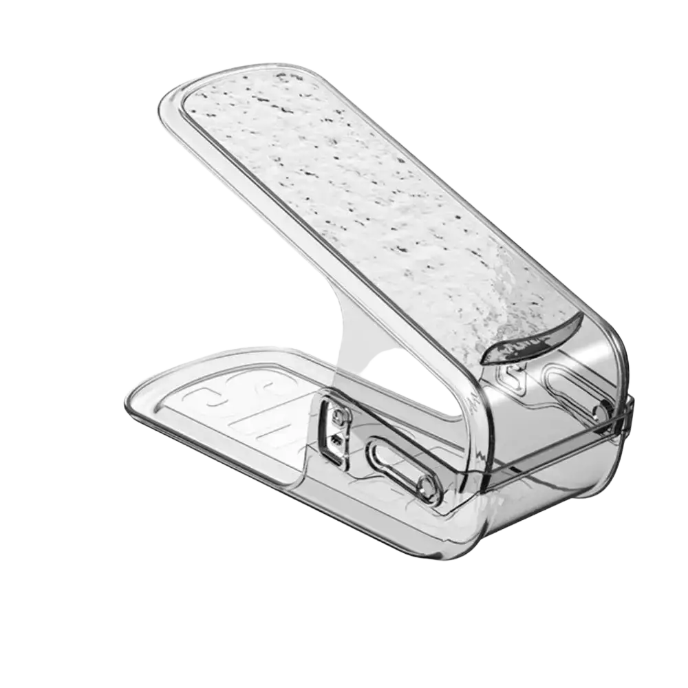 Clear plastic shoe slots organizer with textured top surface and clip mechanism for double layer shoe rack storage
