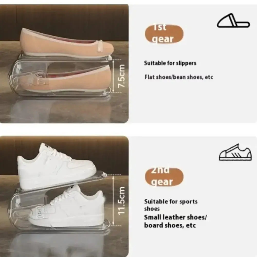 Clear plastic shoe slots organizer insert designed to fit flat or athletic shoes for double layer shoe rack use