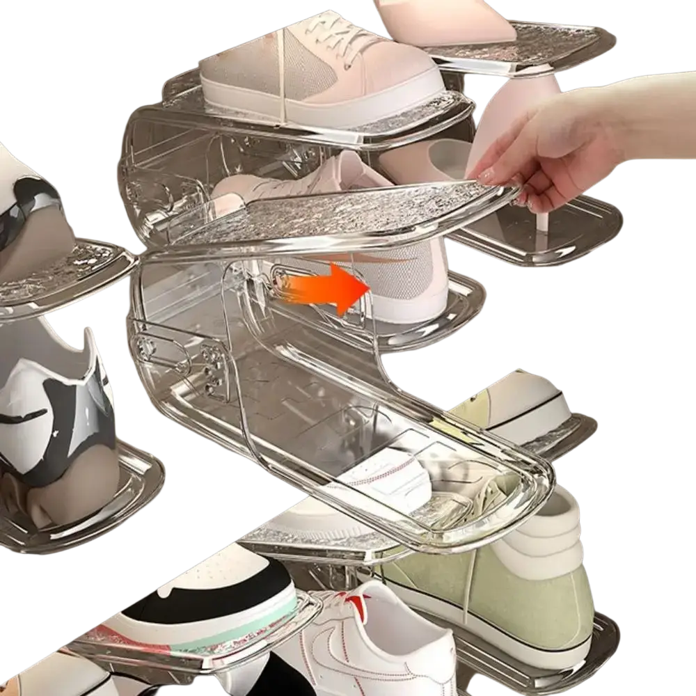 Clear plastic shoe slots organizer with sliding mechanism and textured surface for efficient shoe rack storage