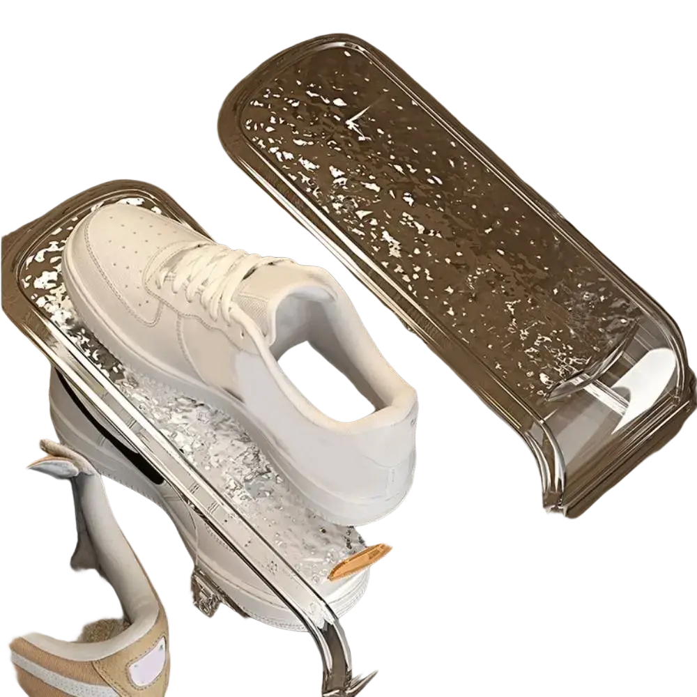 Clear plastic shoe slots organizer with textured speckled surface and hinged lid for efficient shoe rack storage