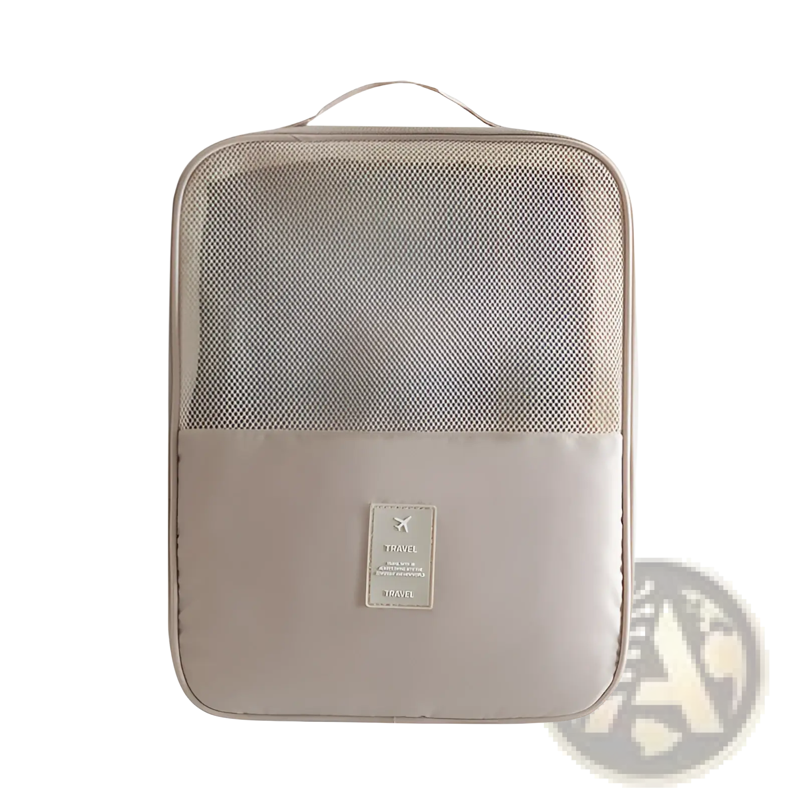 Beige portable travel shoe storage bag with mesh upper and solid lower section featuring travel label