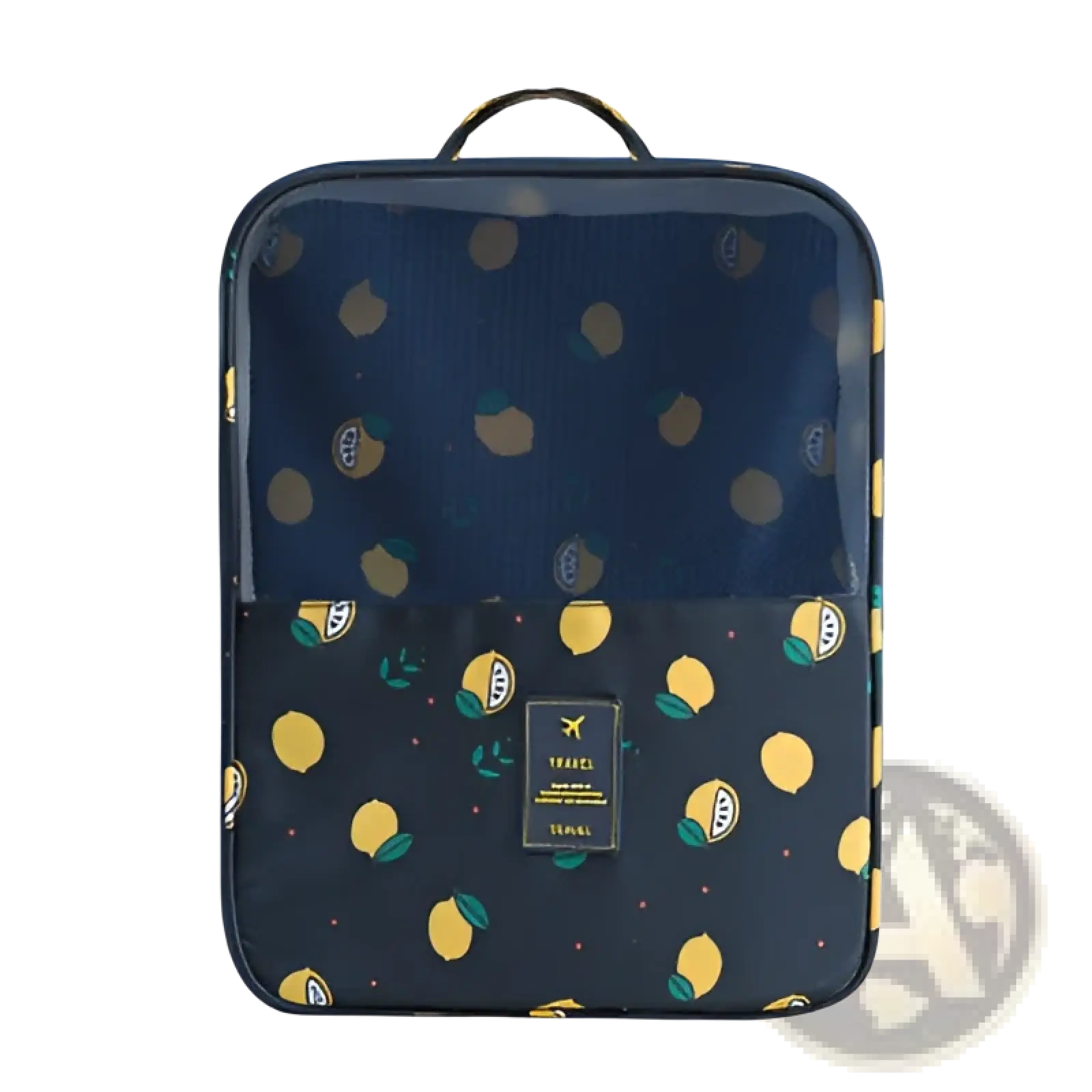 Navy blue mesh shoe storage bag with yellow lemon pattern and gold-trimmed label for portable travel luggage organizer