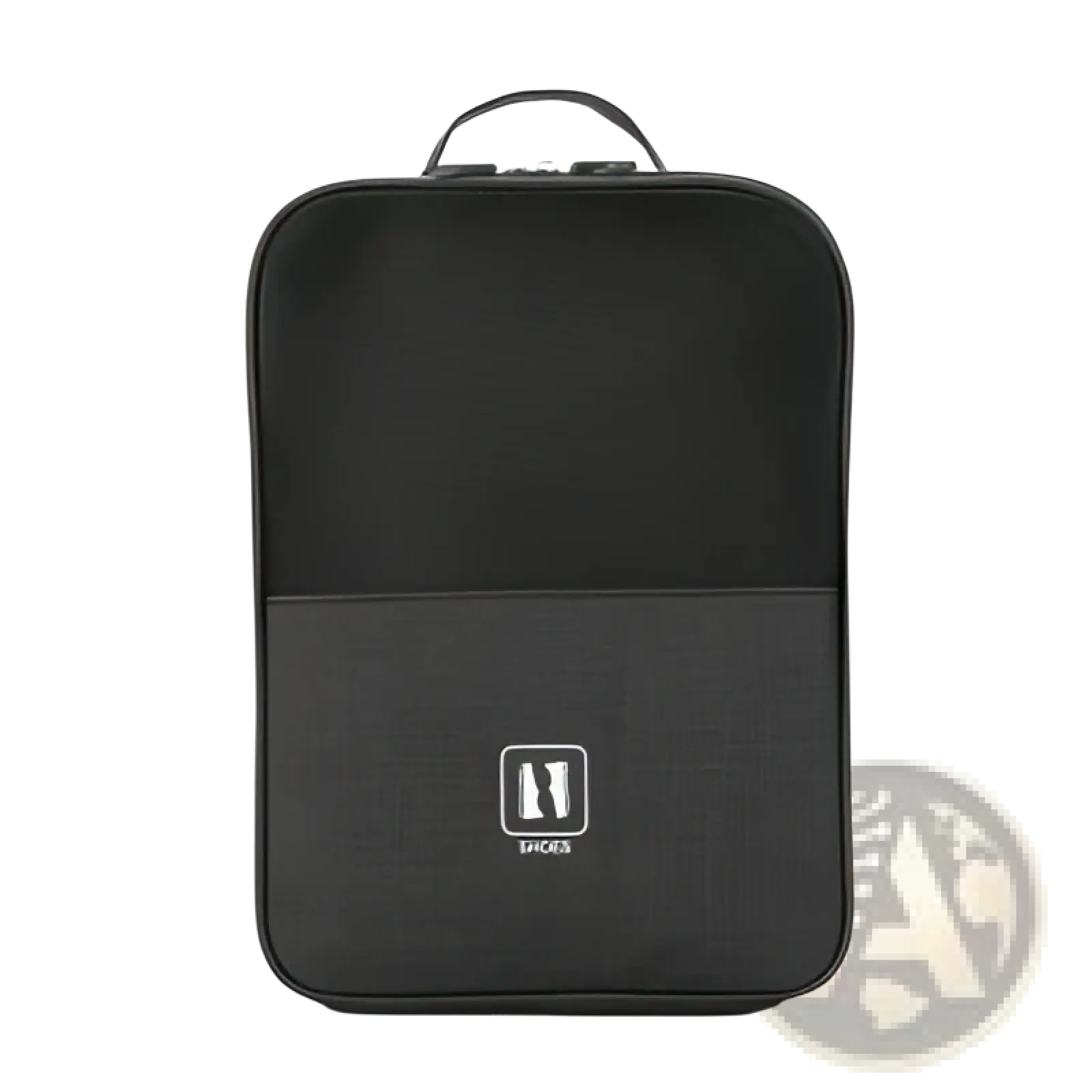 Black mesh shoe storage bag with top handle and front logo patch for portable travel luggage organization