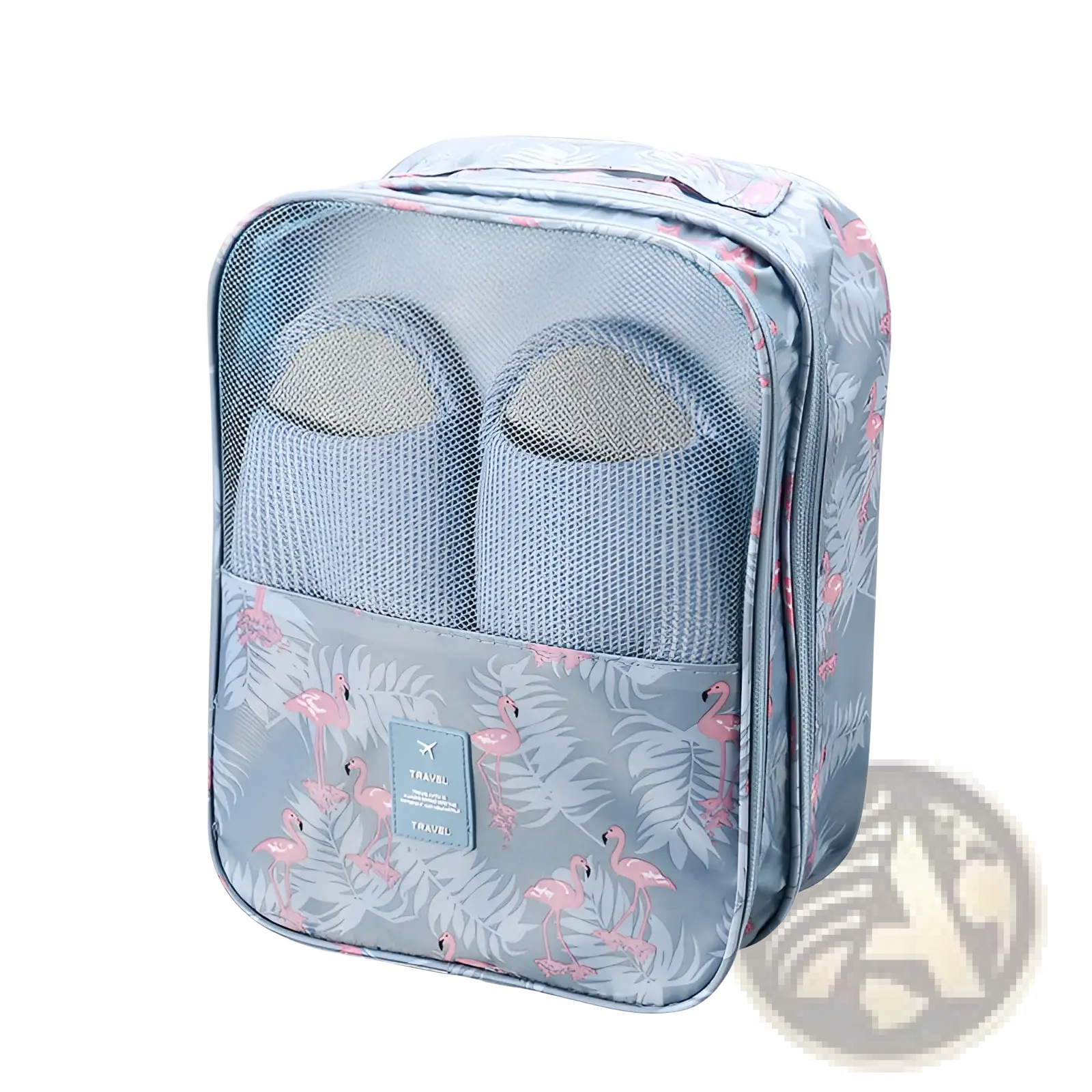 A light blue portable shoe storage bag with pink flamingo leaf pattern and mesh sides for travel luggage organization