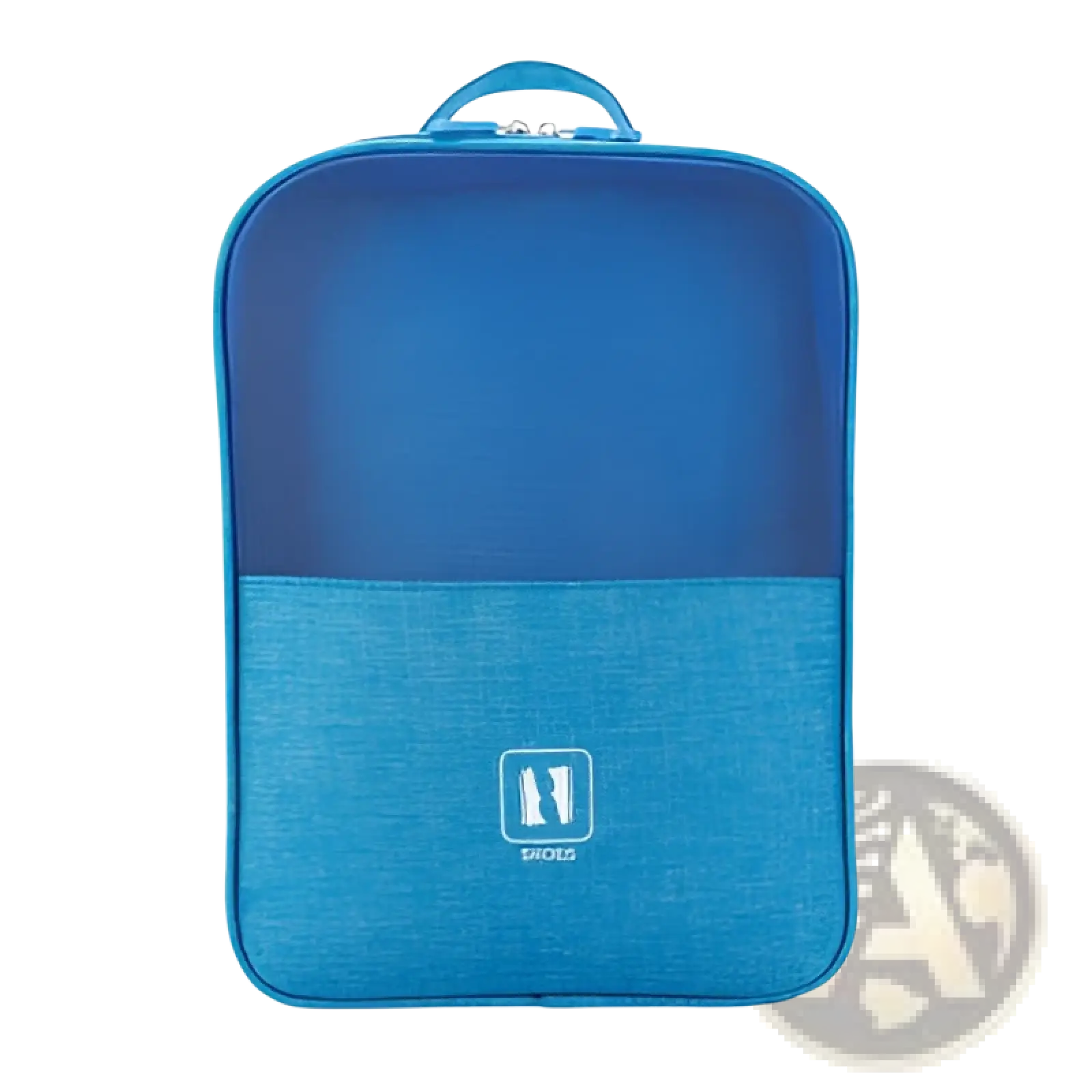 Blue mesh and fabric shoe storage bag with top handle for portable travel luggage organizer use