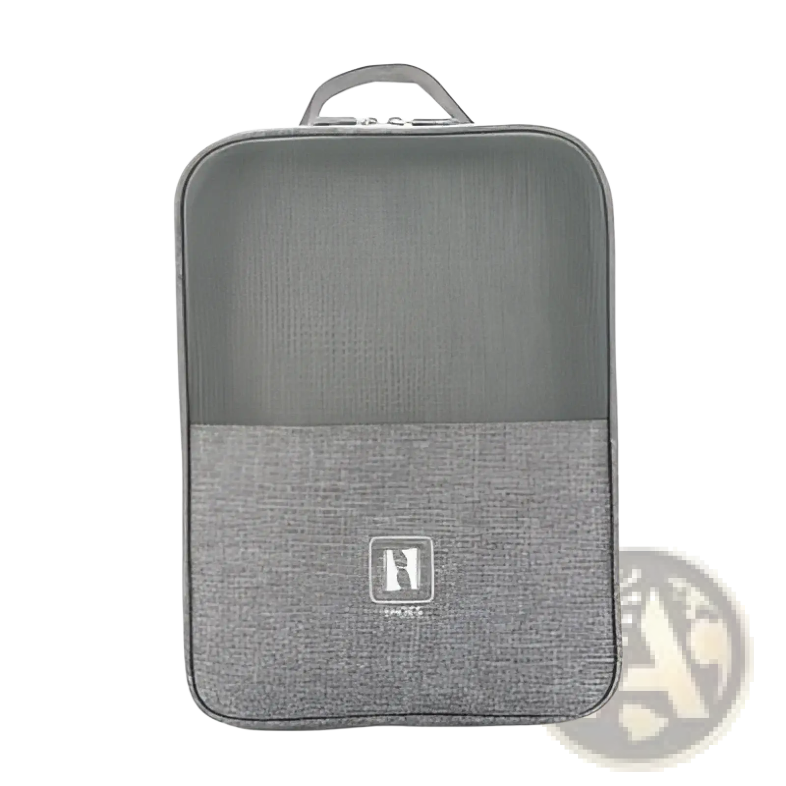 Gray mesh and fabric shoe storage bag with top handle for portable travel and luggage organization
