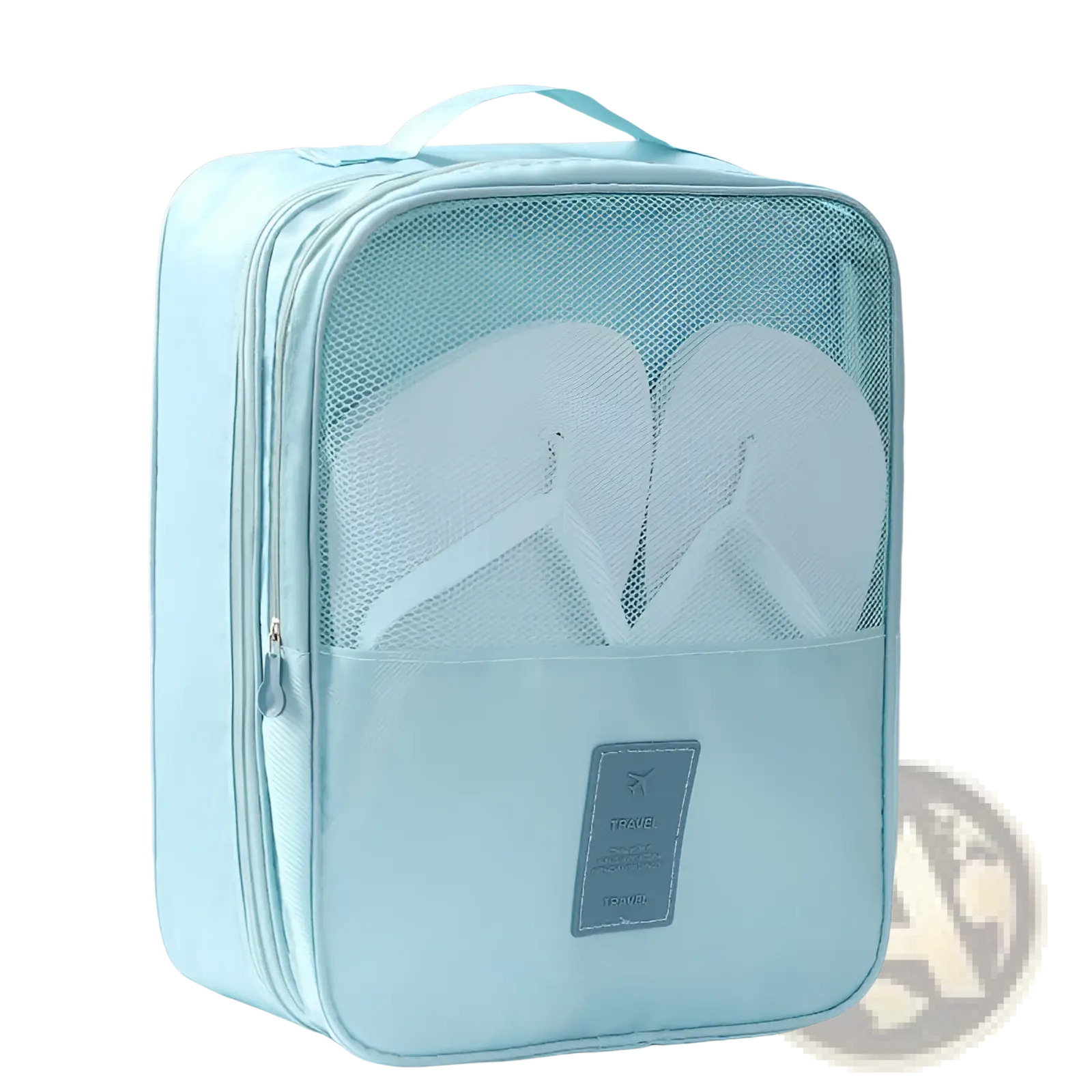Light blue mesh shoe storage bag with top handle zipper compartments and travel label for portable luggage organization
