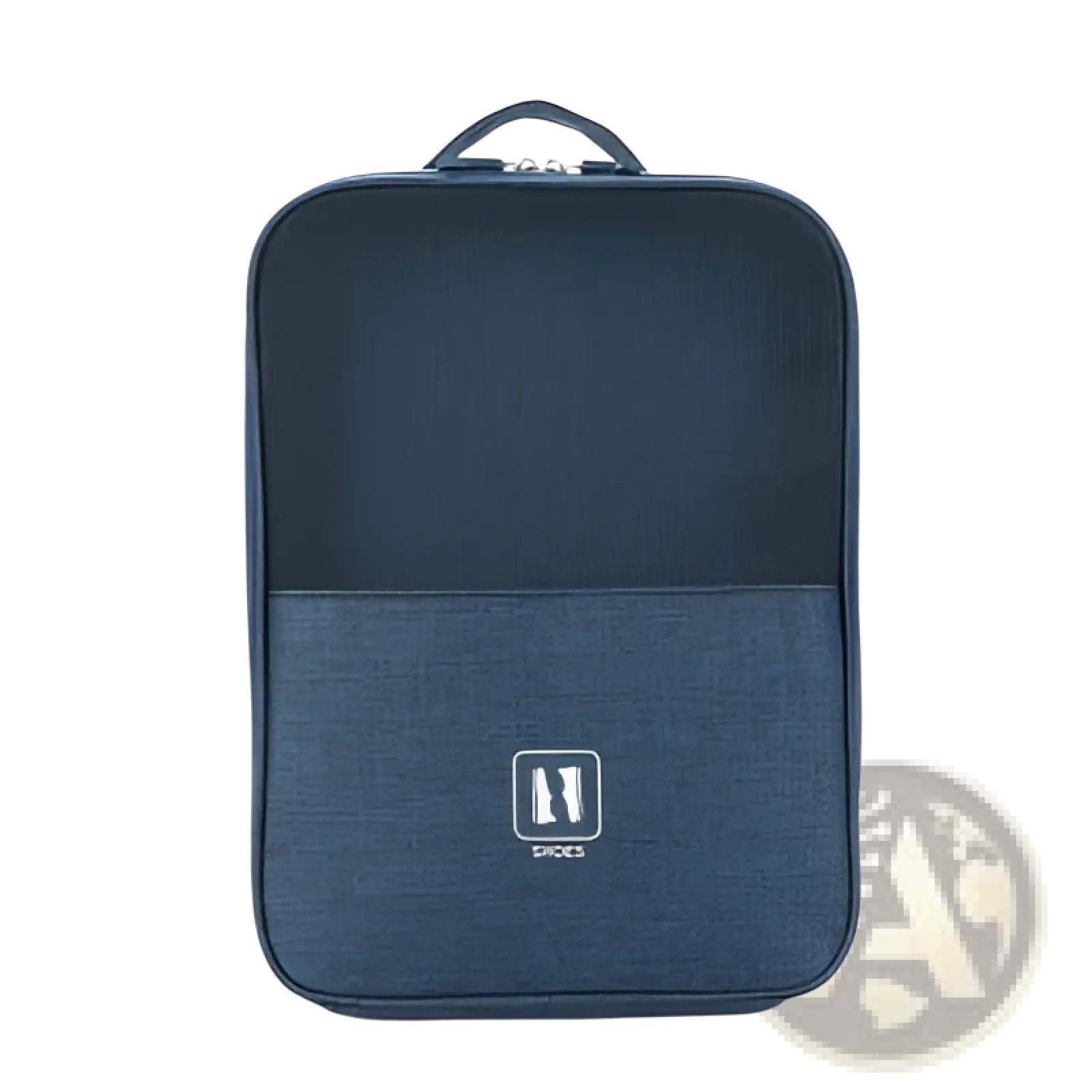 Navy blue fabric shoe storage bag with mesh upper and solid lower section for portable travel luggage organization