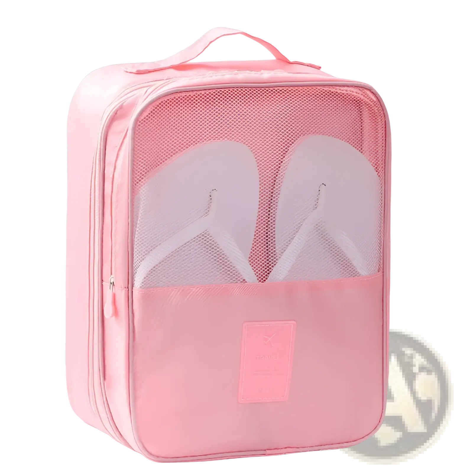 Pink mesh shoe storage bag with top handle and zipper closure containing two white flip-flops for travel use