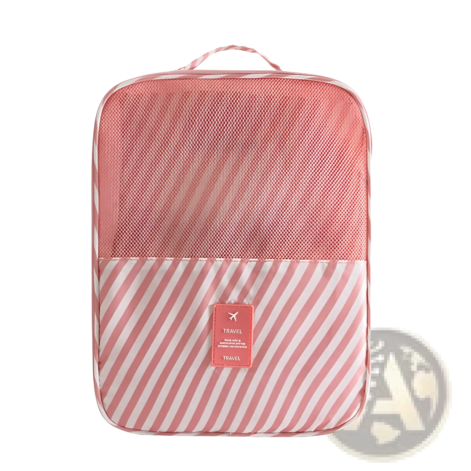Pink and white striped travel shoe organizer with mesh top section for portable luggage storage and organization