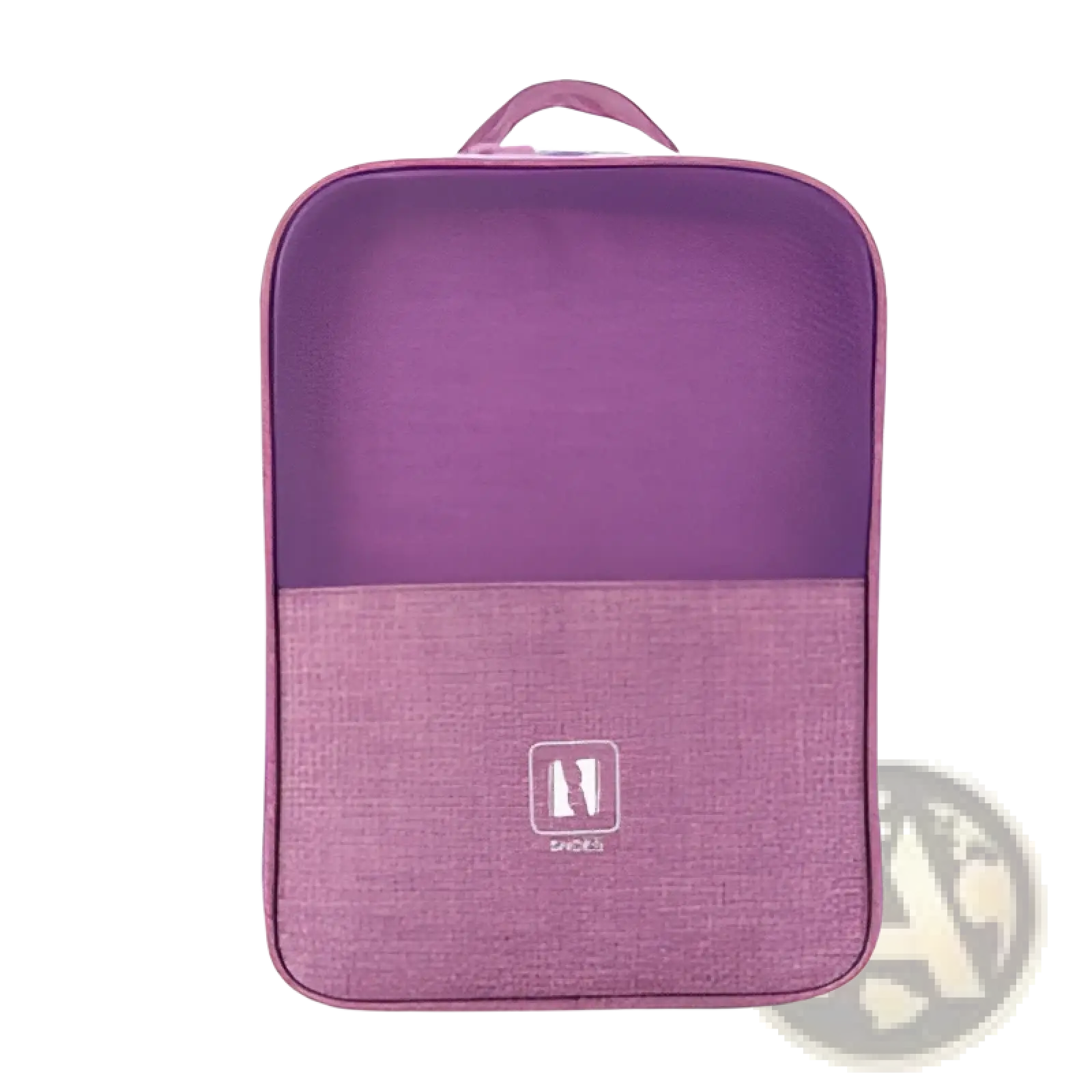 Purple two-tone shoe storage bag with mesh upper and textured fabric lower for portable travel luggage organization