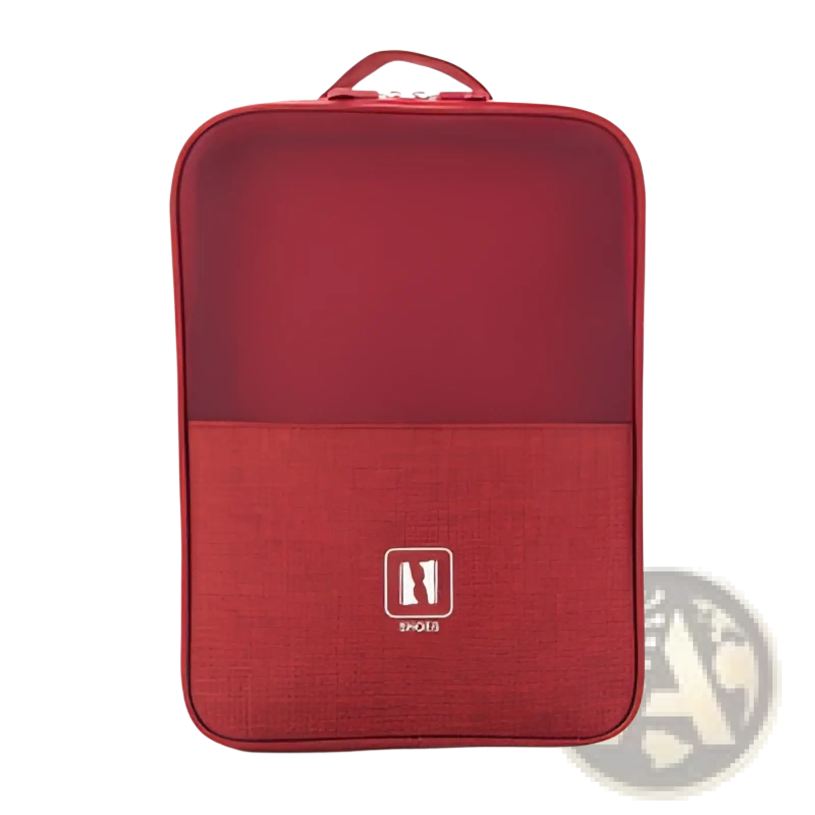Red mesh shoe storage bag with textured fabric bottom and small white logo for portable travel luggage organizer