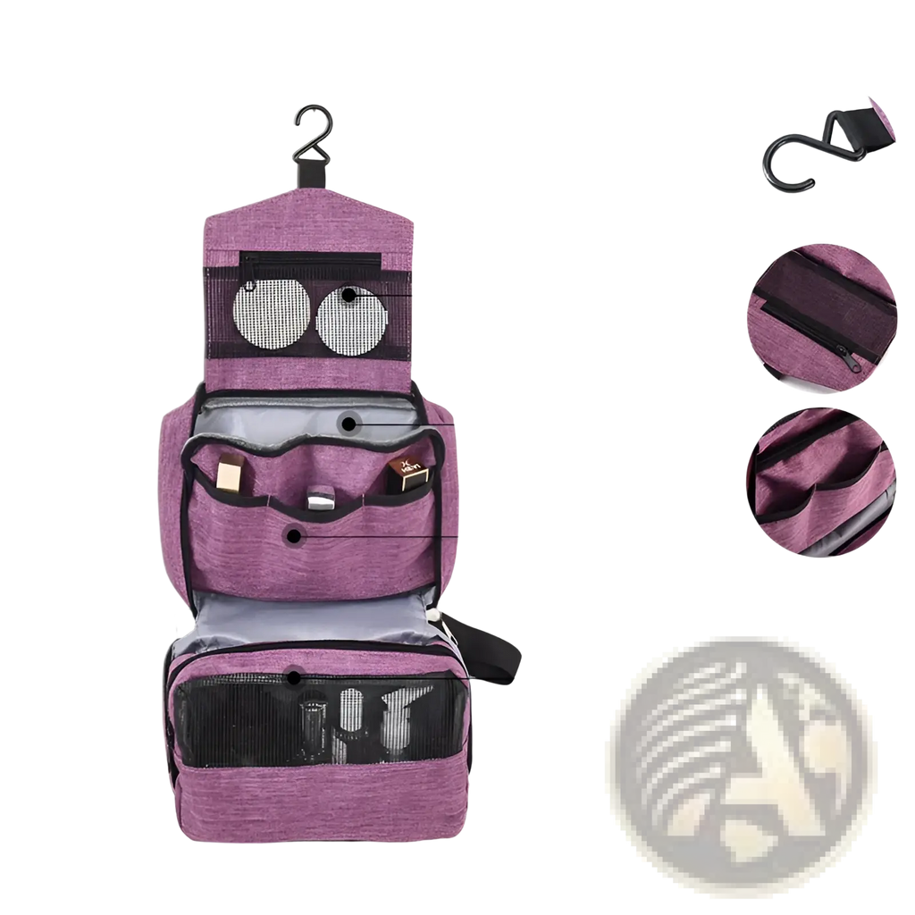 Purple textured hanging toiletry organizer with black mesh and zipper accents for portable travel luggage storage