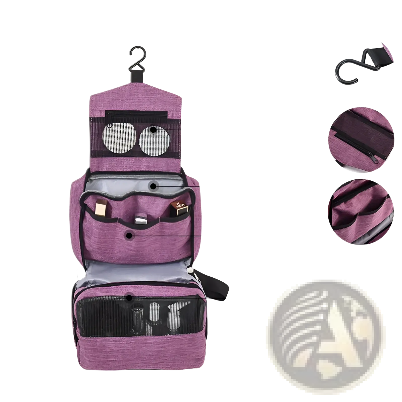 Purple textured hanging toiletry organizer with black mesh and zipper accents for portable travel luggage storage