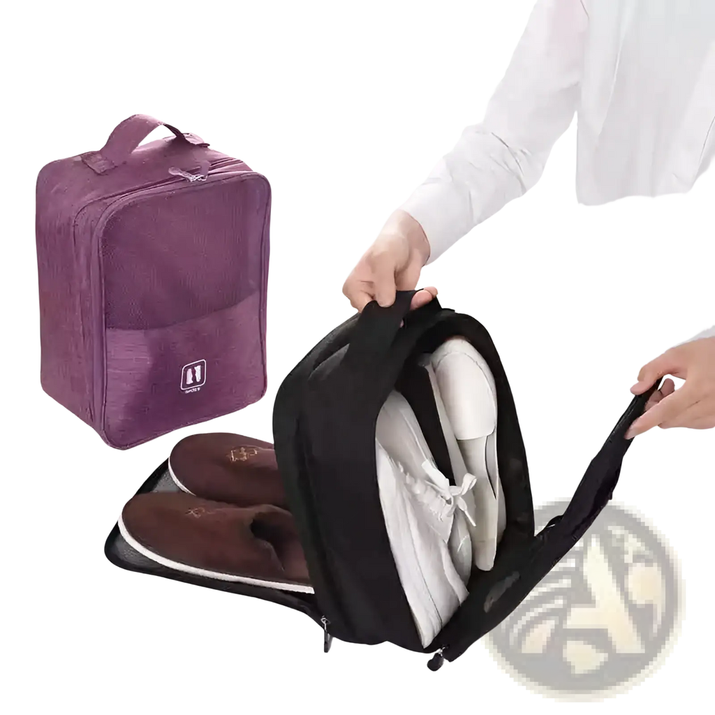 Purple mesh shoe storage bag with sturdy handle and zipper closure portable travel luggage organizer