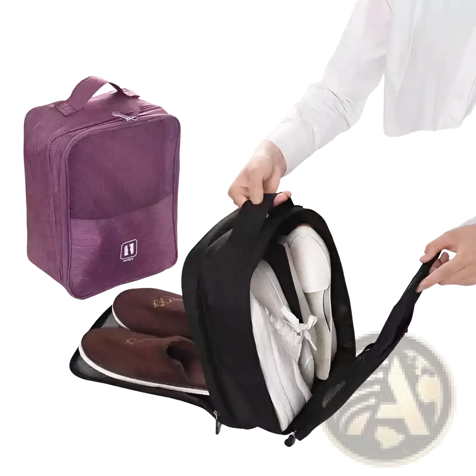 Purple mesh shoe storage bag with sturdy handle and zipper closure portable travel luggage organizer