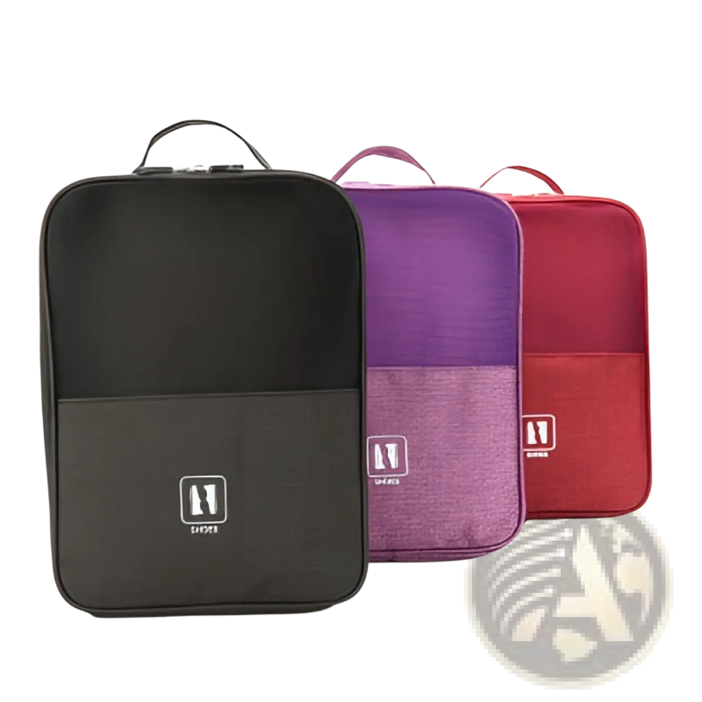 Black mesh shoe storage bag with dark gray lower panel and white logo portable travel luggage organizer